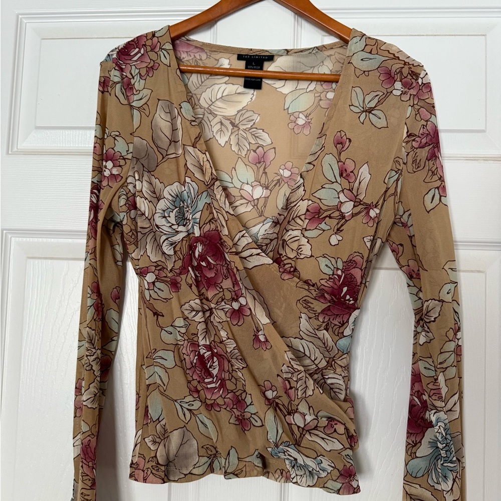 The Limited Floral Wrap Mesh Blouse - Tan and Burgundy